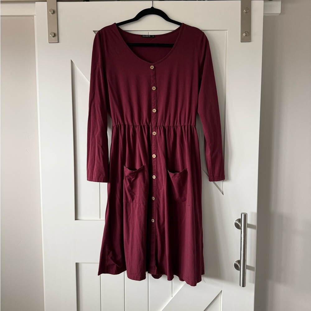 Women's Burgundy Button-Front Long Sleeve Dress